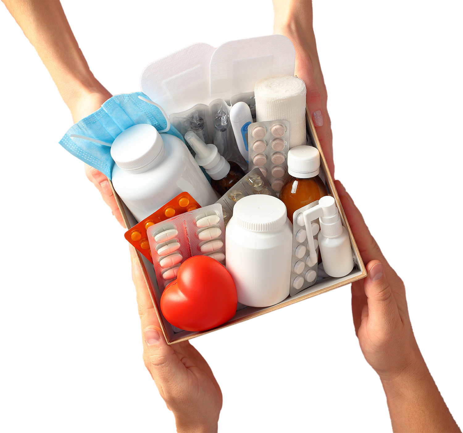 Zwei Paar Hände reichen sich einen kleinen Karton, in dem Medikamente, Tabletten drin sind